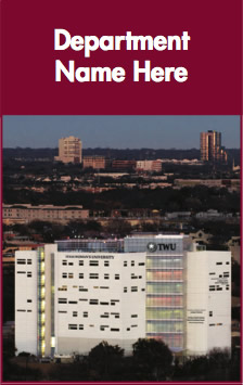 Image of the Tabletop Sign with a photo of the TWU Dallas Center as seen from another building