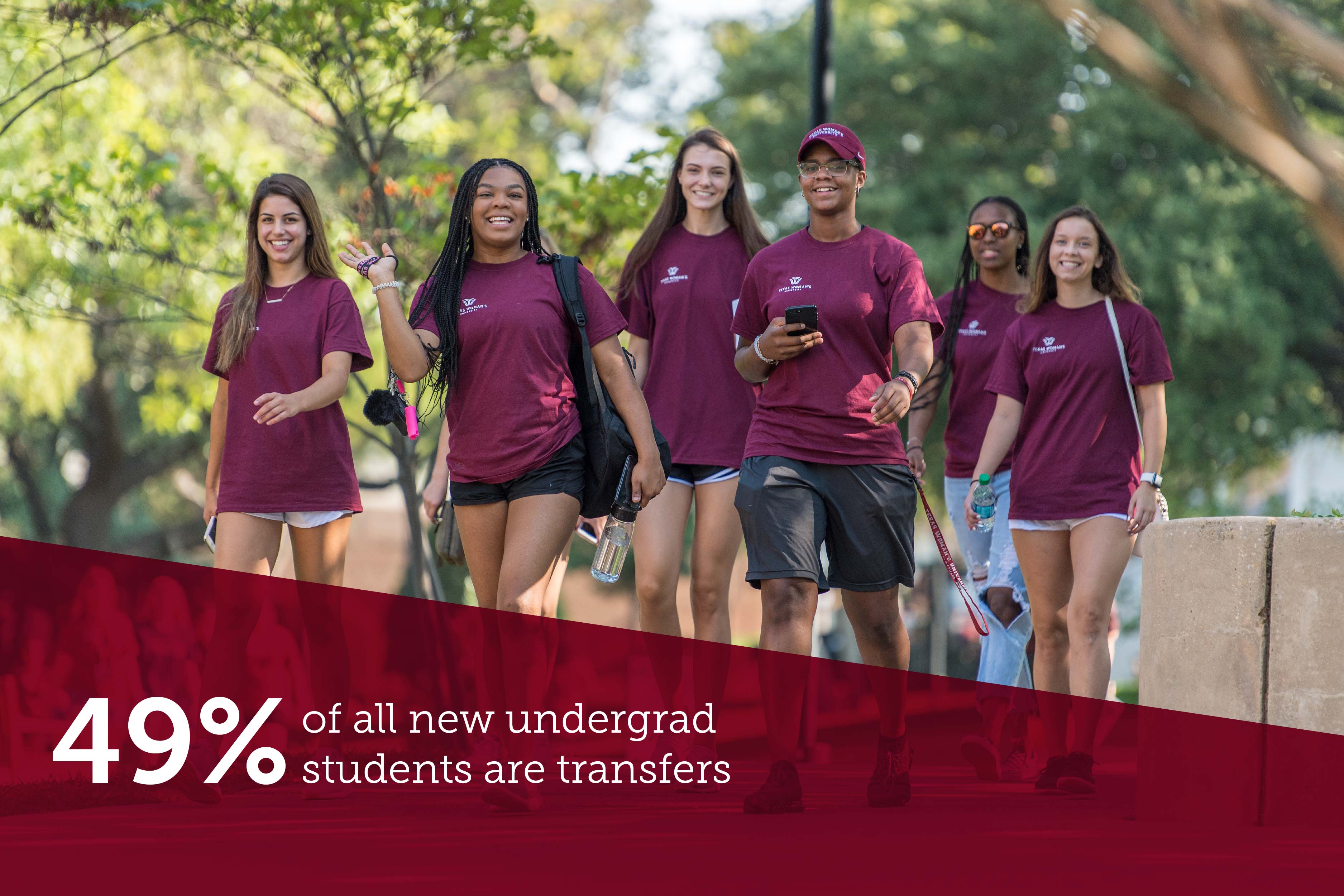 A group of TWU students relax on the lawn with university facts displayed below of "15,000+ total students" and "130+ student organizations".