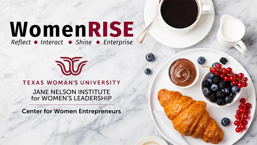 A breakfast scene with the text "Women RISE: Reflect, Interact, Shine, Enterprise" with the Center for Women Entrepreneurs logo.
