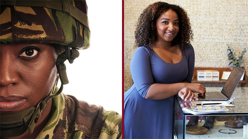 A split screen of a woman in camouflage military gear and one in business attire	