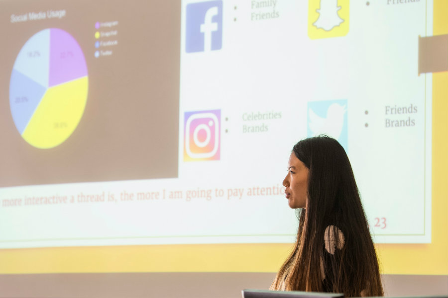 A student giving a presentation on social media marketing in class.