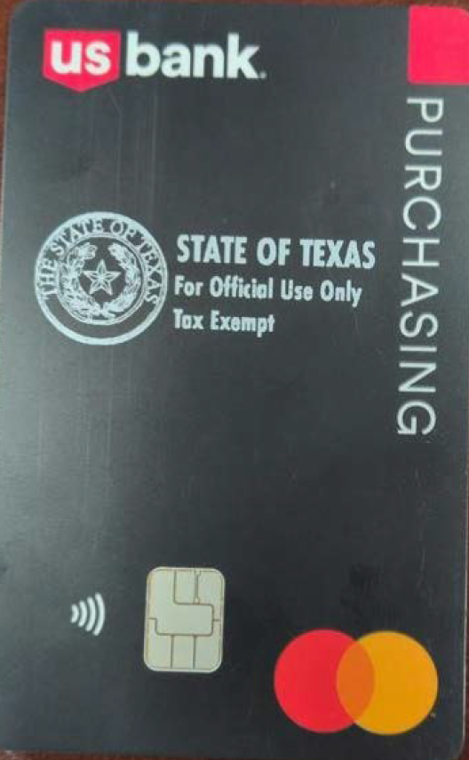 A picture of a black credit card that says PURCHASING on the right side, with US Bank at the top, and a State of Texas seal in the middle