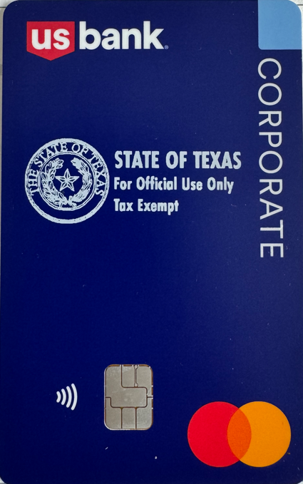 A picture of a blue credit card that says CORPORATE on the right side, with US Bank at the top, and a State of Texas seal in the middle