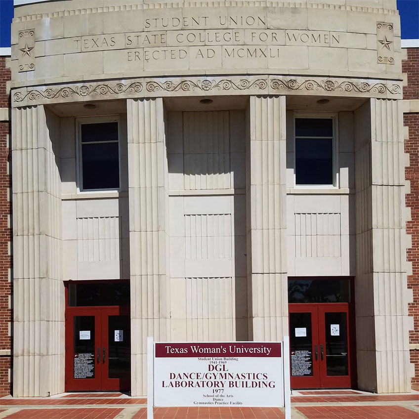 front of the Dance and Gymnastics Laboratory on TWU’s Denton campus
