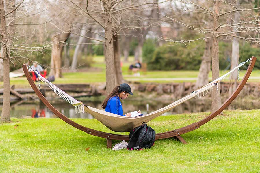 A student studies on a hammock outdoors on the Denton campus.