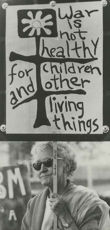 Cordye Hall holding a sign at a war protest