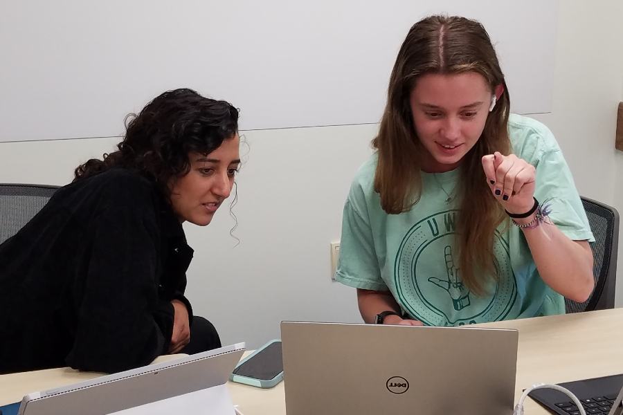 TWU students Kendall Lent and Shafeeka Sumar work with their campers virtually during Camp Minecraft.