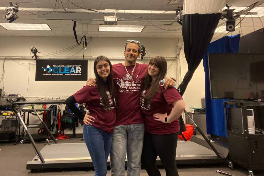 Bartlett High School student Ashley Turner, TWU biomechanics alumnus Marco Avalos, MD, PhD ’20, and TWU doctoral candidate Noelle Tuttle