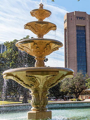 A fountain on the TWU campus