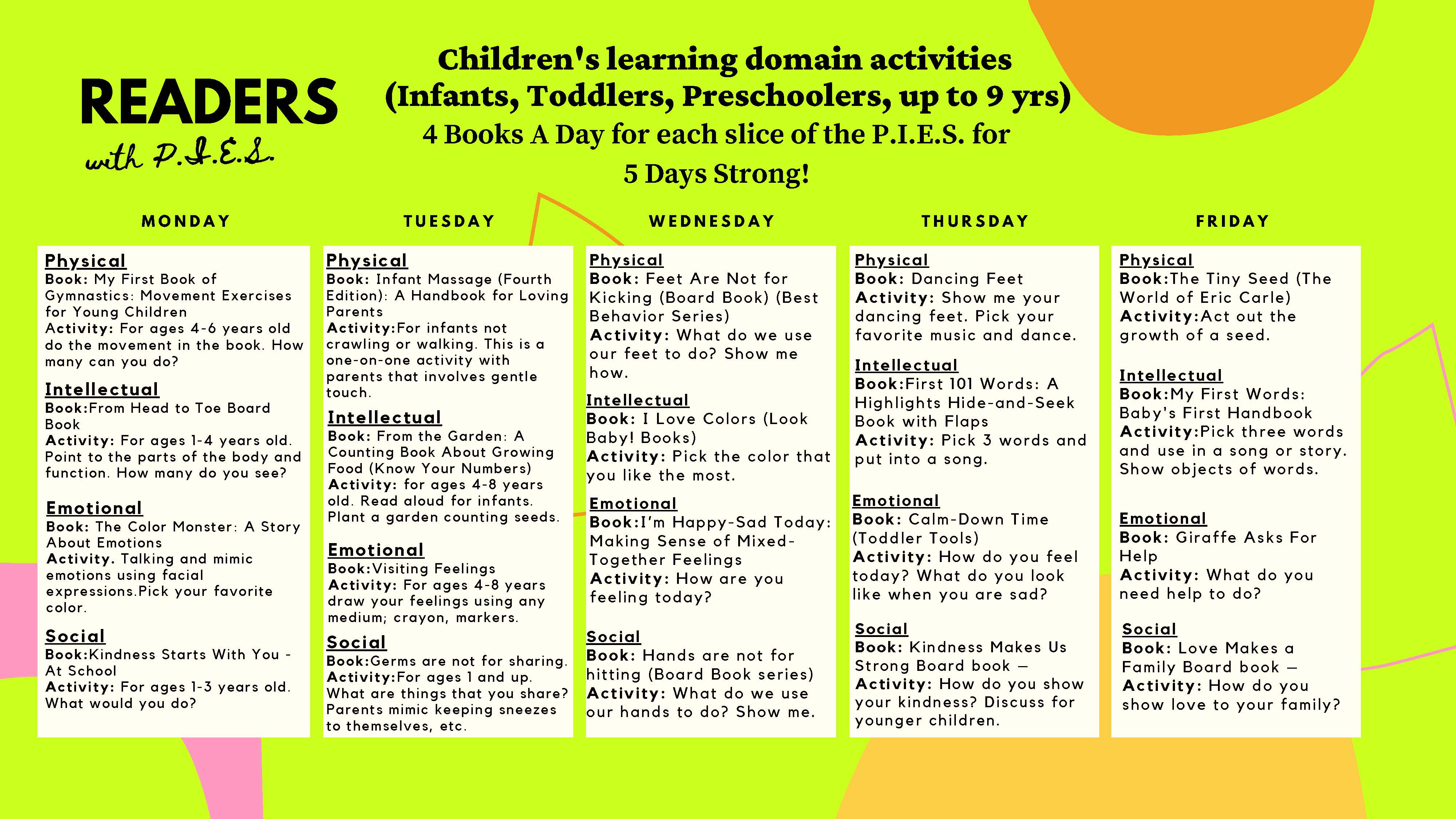Calendar with suggested books and activities for children