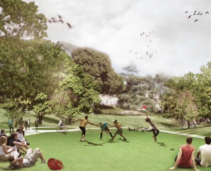 A rendering of TWU students relaxing or exercising in a grassy space.