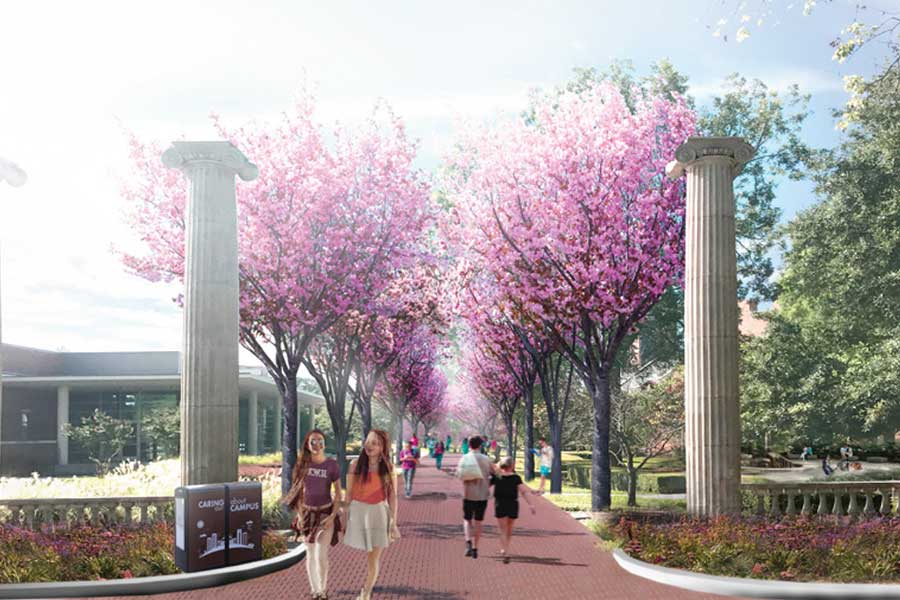 A rendering of TWU's redbud lane bricked in a maroon/red color.