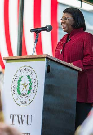 General Mary Saunders speaks to a crowd on the Denton square on Veteran's Day.