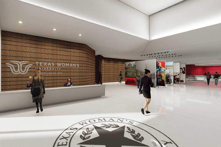 An artist rendering of the front lobby of TWU's proposed visitor center.