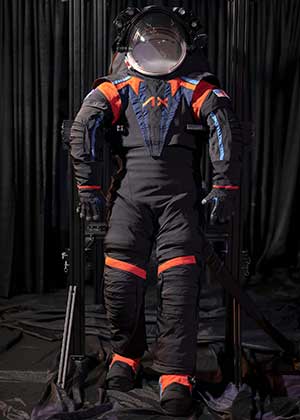 black spacesuit in front of black background