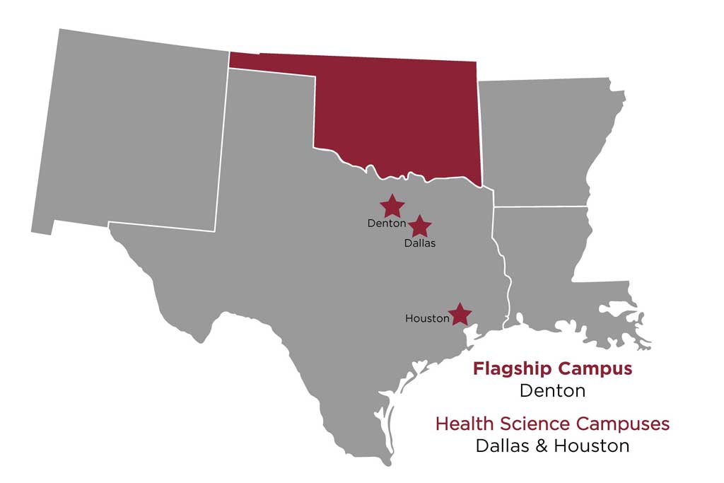 A map of Southern US states with Oklahoma highlighted in maroon and TWU's Texas campuses marked.