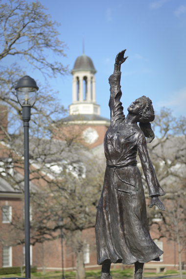 Campus statue in front of the TWU library