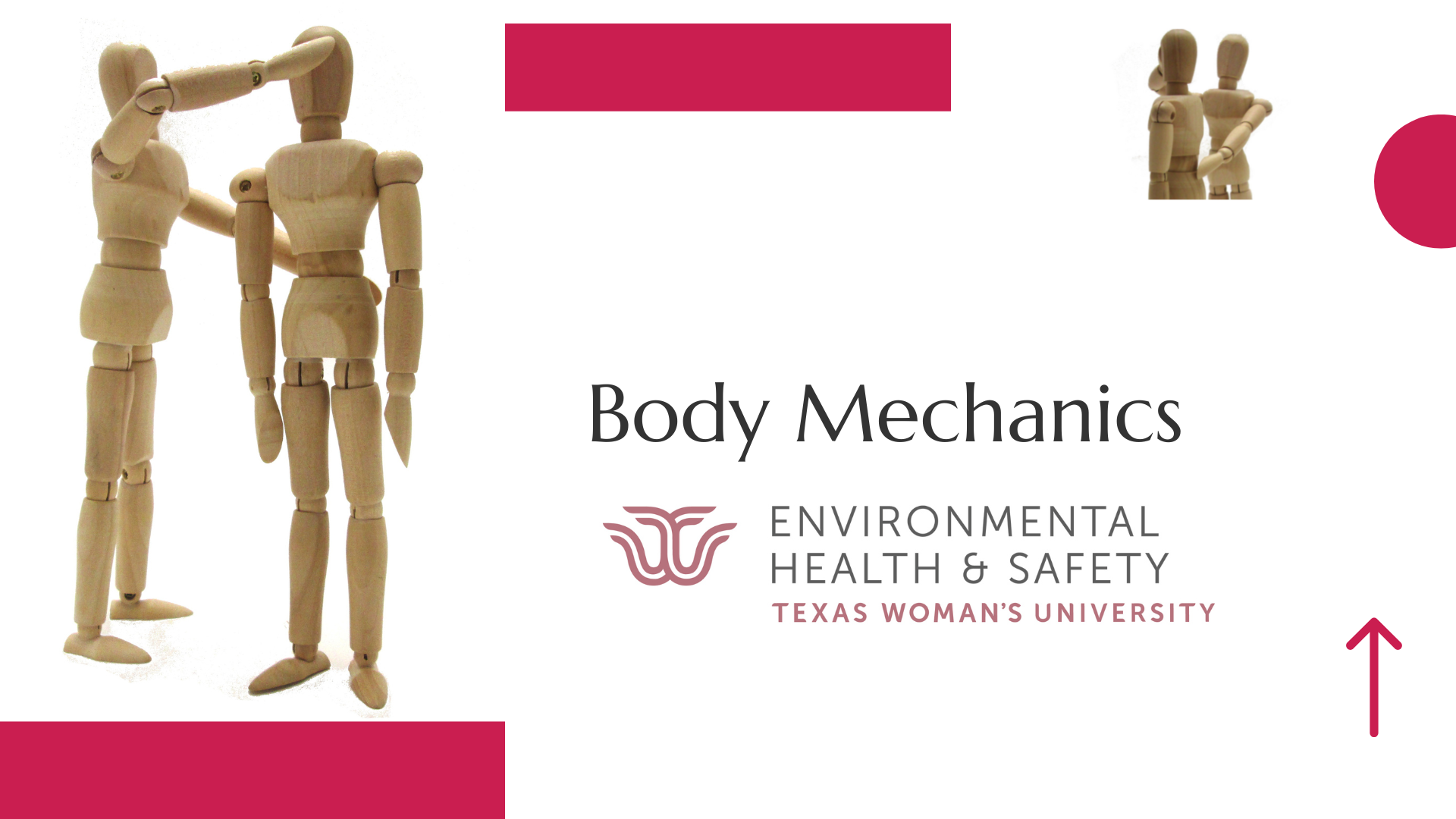Graphic featuring wooden body models, the words "Body Mechanics", and the logo for TWU Environmental Health and Safety