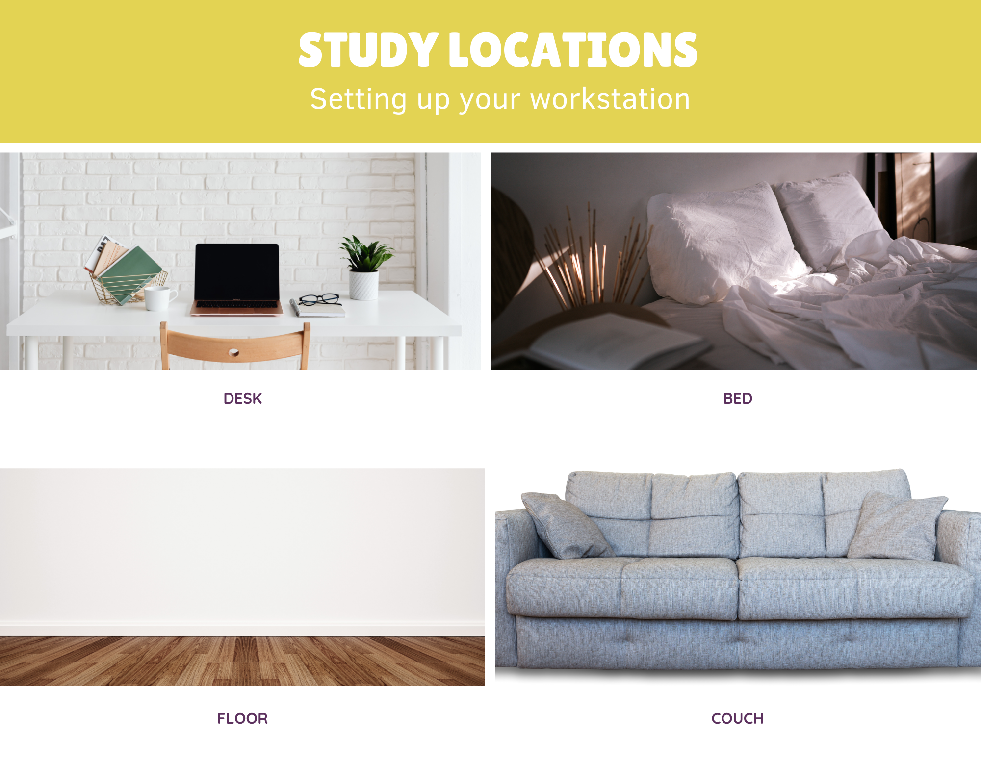 White text on a yellow background that reads, "Study Locations: Setting Up Your Workstation". There are four pictures depicting a desk with a laptop on top, a bed, a wooden floor meeting a white wall, and a gray fabric couch.