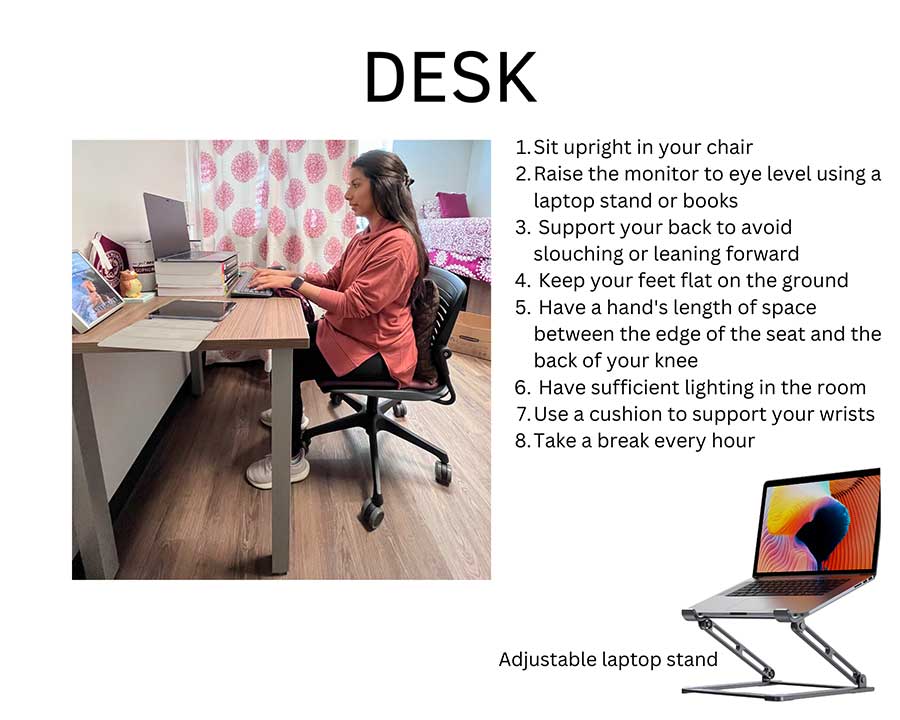 Student sitting at a desk with laptop. Black text on white background: "Desk: 1. Sit upright in chair 2. Raise monitor to eye level using a stand or books 3. Support back to avoid slouching or leaning forward 4. Keep feet flat on ground 5. Have a hand