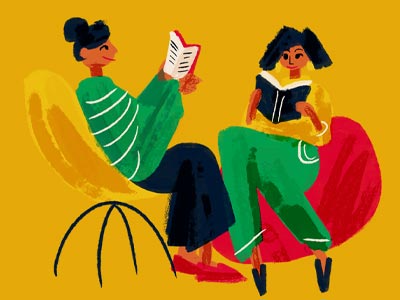two people sitting in chairs reading books