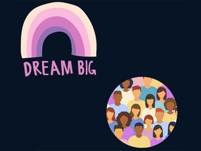 a rainbow with the words dream big and a group of people