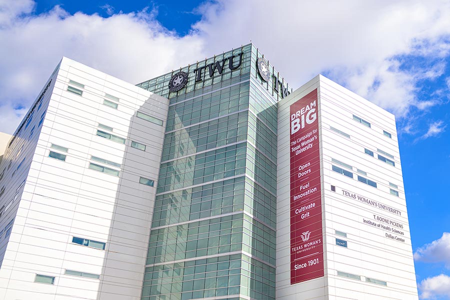 Exterior of the TWU T. Boone Pickens Institute of Health Sciences building in Dallas.