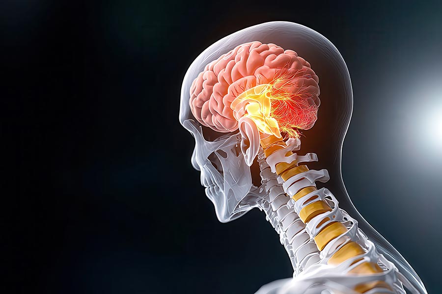 detailed X ray depiction of severe spinal injury with nerve compression, highlighting affected brain and spinal cord areas