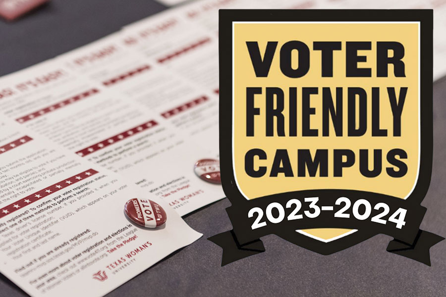 TWU Pioneers Vote buttons and Voter Friendly Campus designation