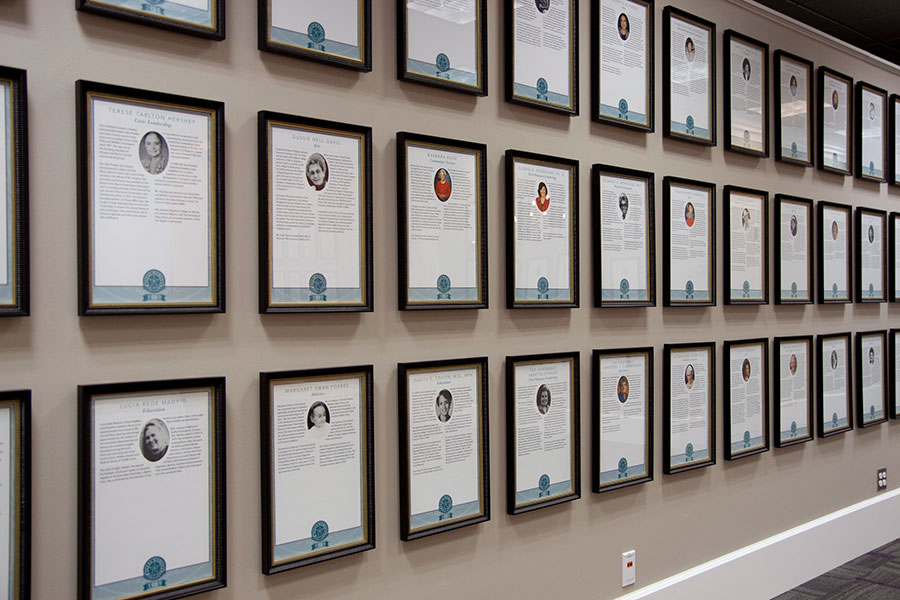 The Texas Women's Hall of Fame, located in the Blagg-Huey Library, with three rows of plaques lining the wall end to end.