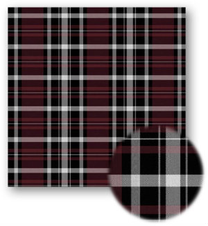 A swatch of plaid with mainly maroon and black stripes with small white stripes in between.