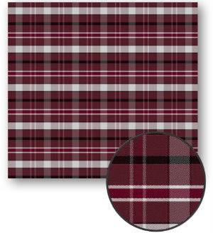 A swatch of plaid print with maroon, white and black stripes.