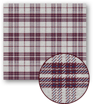 A swatch of plaid striping with large maroon and white stripes with small blue strips in the maroon.