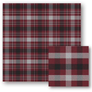 A swatch of maroon plaid with large black and white stripes.