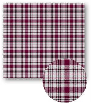 A swatch of plaid with large maroon and white stripes with smaller black stripes in between.