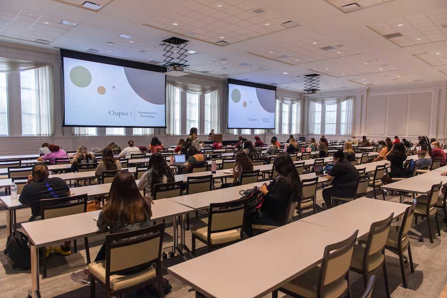 TWU students attend a social distanced class in Hubbard Hall.